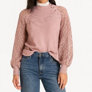 Free People Embroidered Lace Sweetest Thing Thermal Top Pink Size XS